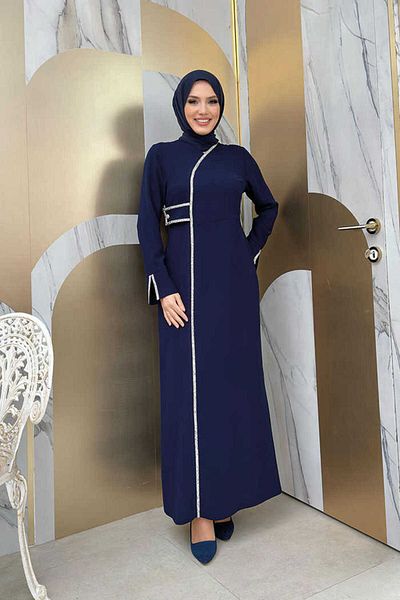 Bym Fashion Ujj mandzsetta Slit Stone részletes ruha 3866 sötétkék