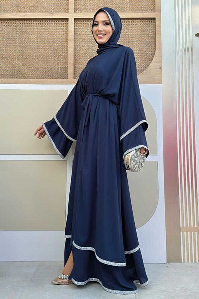 Bym Fashion Σάλι με λεπτομέρεια δαπέδου κεντημένο από πέτρα Abaya 7883 Navy Blue