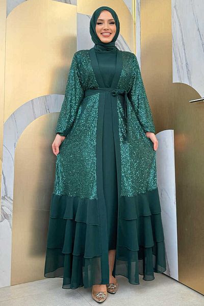 Bym Fashion Σετ με παγιέτες Abaya και Φόρεμα 8483 Emerald