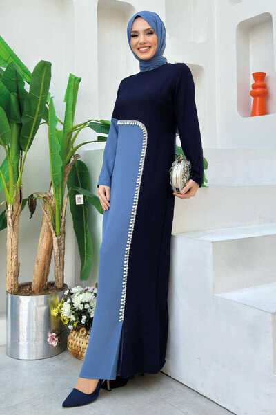 Bym Fashion Δίχρωμο μαργαριτάρι λεπτομερές φόρεμα 3865 Navy Blue