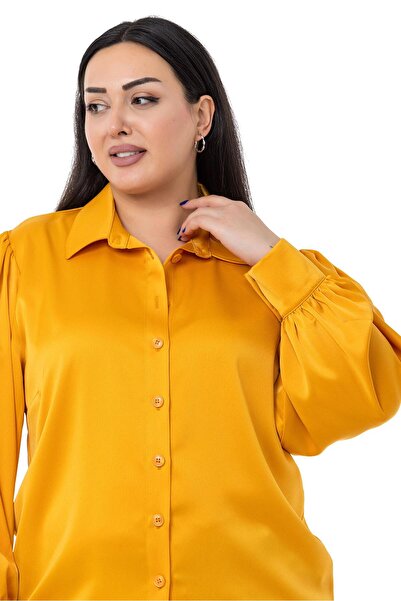 DISENTIS MODEST Plus Size Satin Mustard Shirt with Cuff and Sleeve Top
