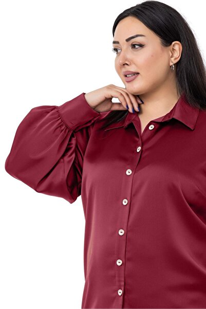 DISENTIS MODEST Plus Size Satin Burgundy Shirt with Cuff and Sleeve Top