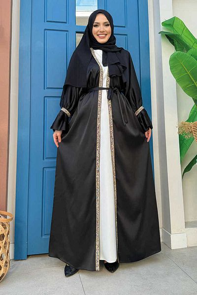 Bym Fashion Κοστούμι Abaya με Πέτρα Λεπτομερές Φόρεμα Ζώνης 3860 Μαύρο