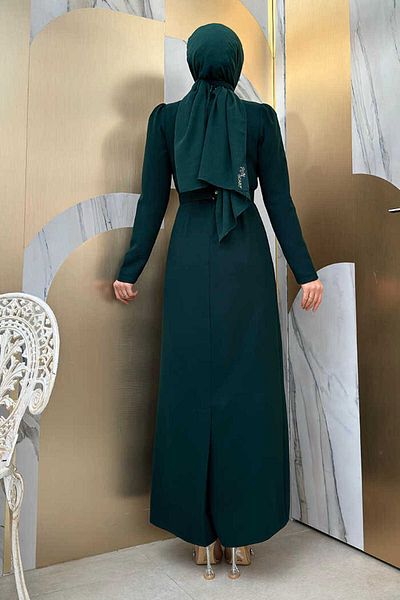 Bym Fashion 3870 κρεπ δαντελένιο φόρεμα με πέτρες Emerald