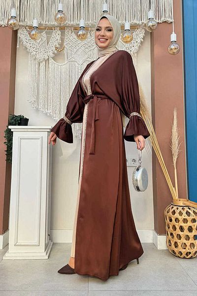 Bym Fashion Πέτρινο Κεντημένο Λεπτομερές Φόρεμα Ζώνης Abaya Κοστούμι 3860 Καφέ