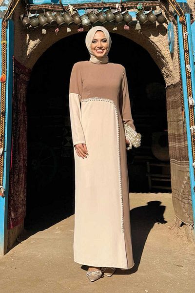 Bym Fashion Δίχρωμο μαργαριτάρι λεπτομερές φόρεμα 3865 Mink