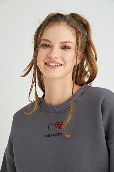 Hello Kitty Licensed Printed Crew Neck Thick Oversize Fit Gray Smoked Sweatshirt Roz-120