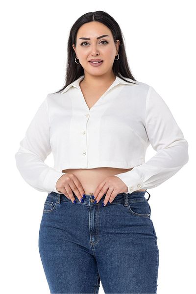 DISENTIS MODEST Large Size White Crop Shirt with Satin Cuffs