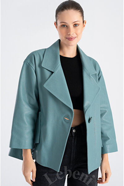 Lebeni Deri Ceket Kadın - Tek Düğmeli Oversize Mevsimlik Yeşil Deri Ceket Kadın