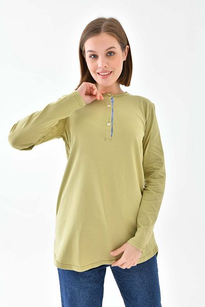 mirach Light Green Buttoned Combed Cotton Tunic Knitted Basic Women's Long Blouse Tunic Comfortable Relax Laptop Button Detailed