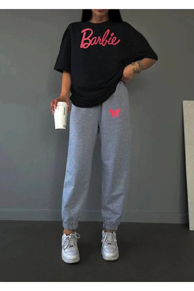 TRENDKUTU LUNAVISTA Γυναικείο μπλουζάκι με στάμπα καρδιάς πεταλούδας - Σετ φόρμας Jogger T-shirt Crew Neck Bottom Top