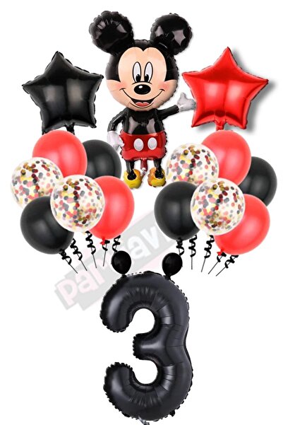 PARTİAVM Siyah Rakam Balonlu Mickey Mouse Balon Seti Mini Fare Temalı