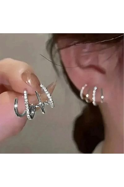 HKN AVM ACCESSORİES Women's Steel Zircon Stone Silver Earrings
