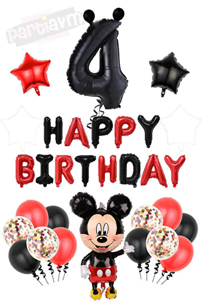 PARTİAVM Siyah Rakam Balonlu Mickey Mouse Happy Birthday Balon Seti Mini Fare...