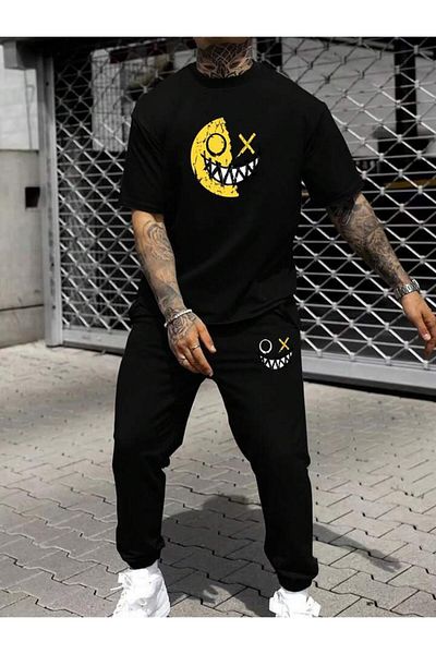 AEMİ Unisex Smile Printed Crew Neck T-shirt and Jogger Sweatpants - Bottom Top Set