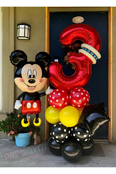 PARTİAVM Kırmızı Rakam Balonlu Mickey Mouse Balon Seti Mini Miki Fare Temalı