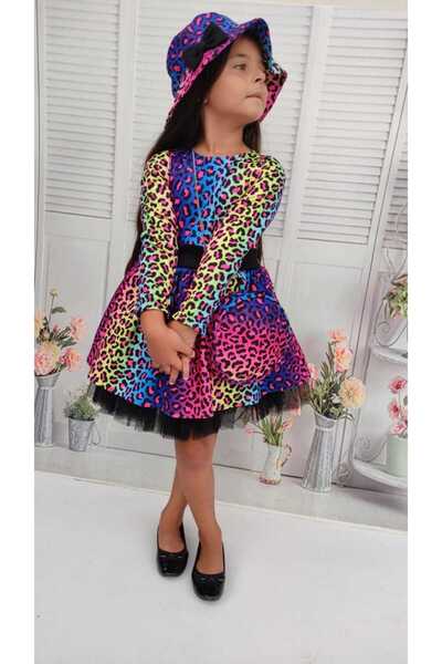 EFE KIDS Kız Çocuk Leopar Desenli Uzun Kollu Şapka Ve Çanta Detaylı Çocuk Abiyesi