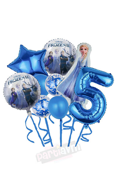 PARTİAVM Frozen Elsa Mavi Rakamlı Balon Seti Konfetili Şeffaf Balonlu Karlar ...