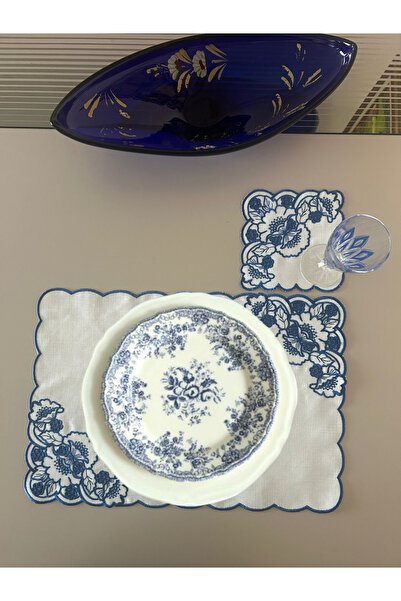 Lilies Atelier Mavi Delik İşi Keten Sofra Takımı 2 Adet Amerikan Servis ve 2 ...