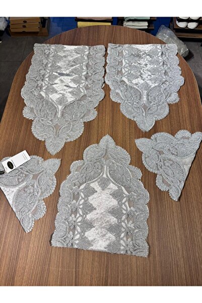 GOLDROOM Fransız Gipürlü Salon Takımı 5 Parça Gri