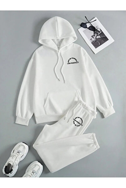 AMMA Women's Black I AM PERFECT Printed Oversize 3 Thread Bottom Top Tracksuit Set