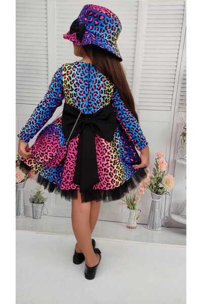 EFE KIDS Kız Çocuk Leopar Desenli Uzun Kollu Şapka Ve Çanta Detaylı Çocuk Abiyesi