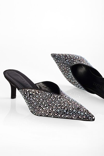 Shoeberry Dámské společenské pantofle Corsage černé saténové kamenné podpatky