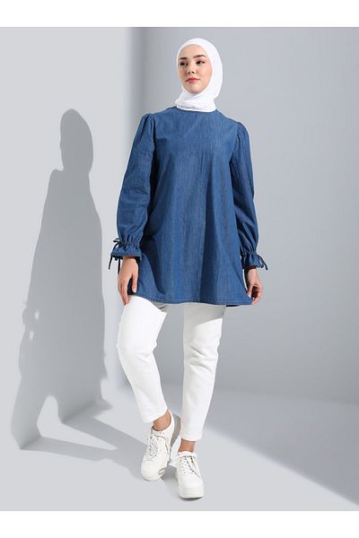 Benin Denim Tunic with Sleeve Detail - Blue - Benin