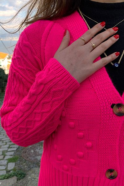 Samsara Pink Short Length Knitted Pattern Buttoned Knitwear Cardigan