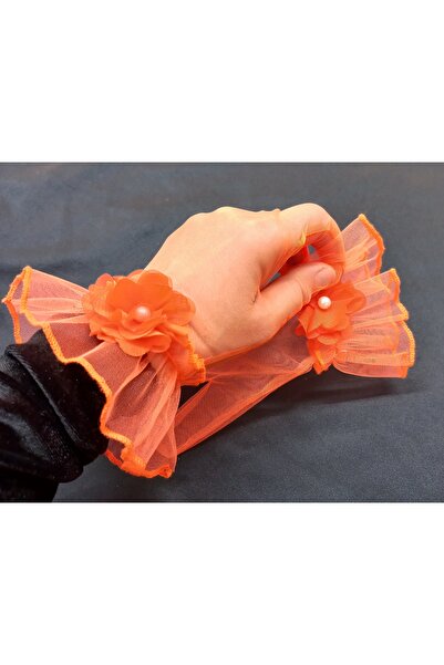 es moda shop قفازات كاميليا الزهرية المكشكشة قصيرة باللون البرتقالي النيون