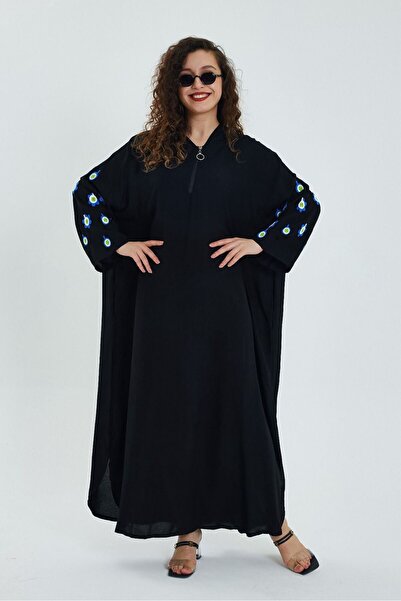 Eceyaman moda Women's Black Back and Sleeves Embroidered Hooded Large Size Large Dress