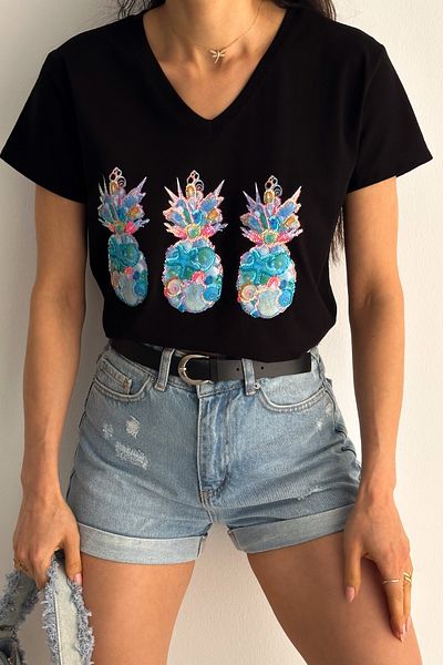 FEMELLE Tricou de damă, negru, cu decolteu în V, cu paiete de ananas, brodat 100% bumbac