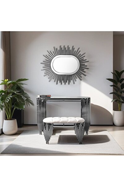ZELENSA GÜMÜŞ DRESUAR TAKIM AYNALI PUFLU ANTRE SET METAL LÜKS TAKIM