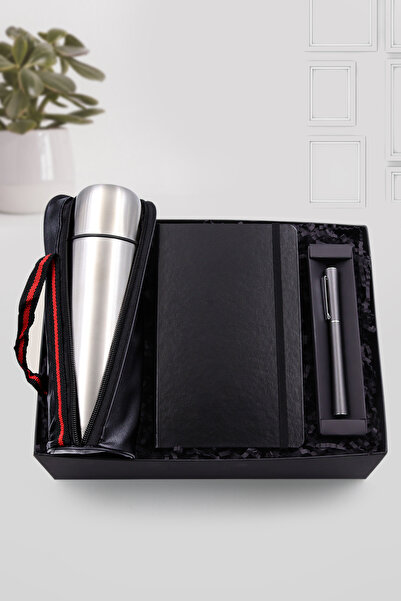 Trendmiya 500 ML Deri Çantalı Gri Çelik Termos & Siyah Defter & Gri Renk Roll...
