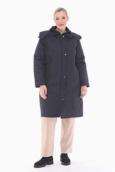 VETRE Women's Large Size Hooded 105 Cm Navy Blue Quilted Coat 1018