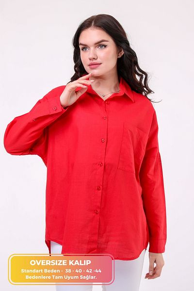 JAWEN Women's Oversize New Season Comfort Model Pocketed Linen 4 Seasons Wide Fit Long Sleeve Plain Shirt