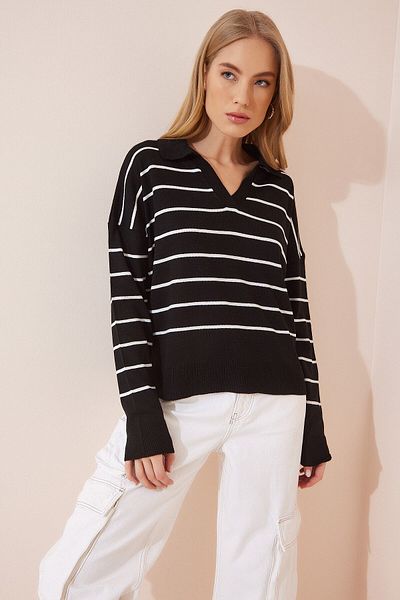 My love butik Pulover de damă, cu guler polo cu dungi negre, tricotaj sezonier