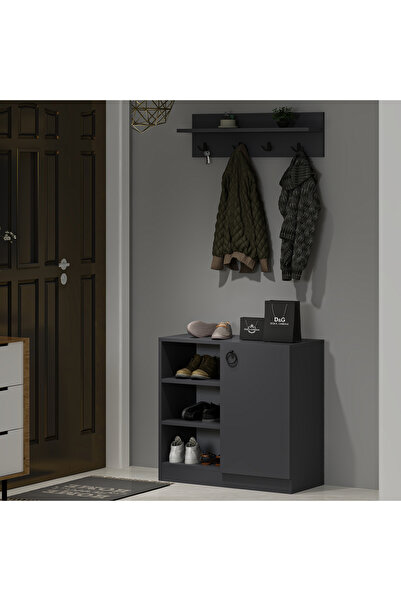 AYSİMO Seri Duvar Askılıklı Ayakkabılıklı Antrasit Vestiyer Portmanto