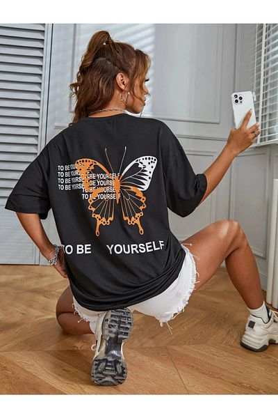 Revasser Tricou din bumbac pieptănat supradimensionat, cu imprimeu personalizat, negru To Be Yourself