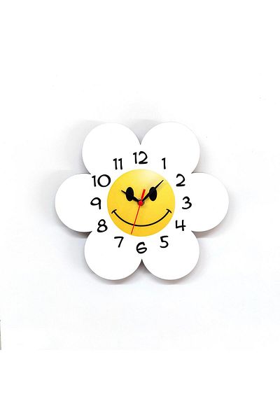 CajuArt Daisy Flower Shaped Smiling Face Wooden Children's Room Wall Clock