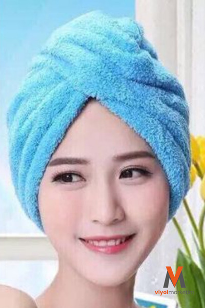 viyolmarketim Синя кърпа за коса, шапка за сушене на коса с микрофибърни копчета, за баня, море и басейн след плаж