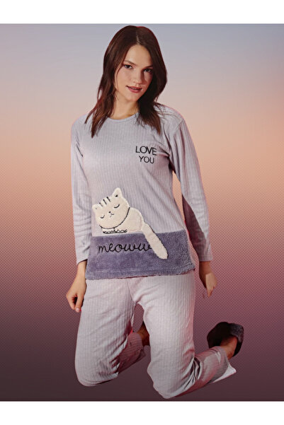 eftelya boutique peluş kedi detaylı pijama takımı