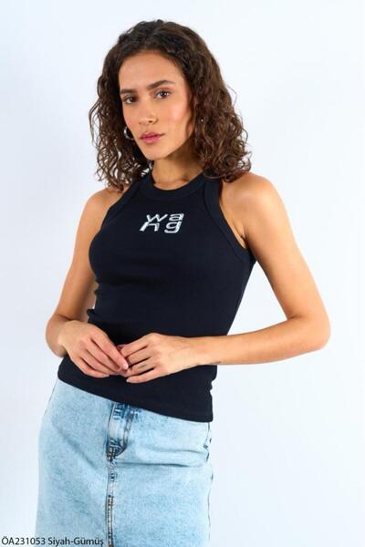 Laluvia Black-Silver Halter Neck Wang Silvery Embroidered Undershirt