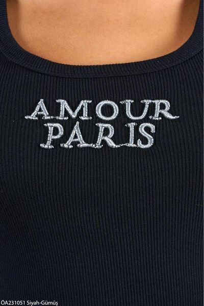 Laluvia Schwarz-silbernes Unterhemd mit Glitzerstickerei von Amour Paris