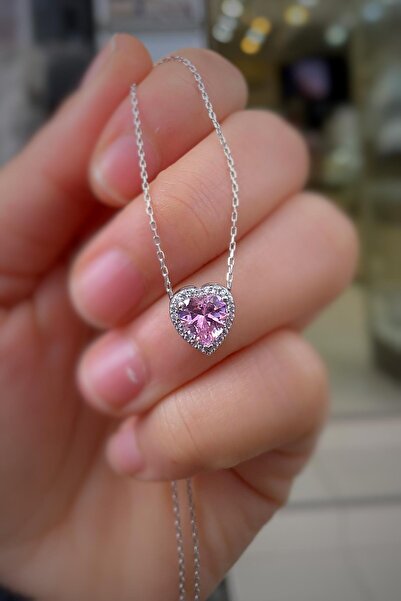 Erer Gümüş Gümüş pembe taşlı kalpli kolye ah125e12