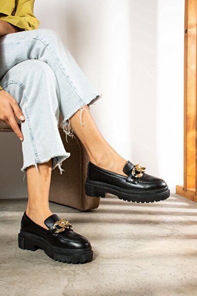 Nstil Black Women's Loafer - Gold Chain, Oval Toe Cap, Thick Sole Moccasin Shoes 420