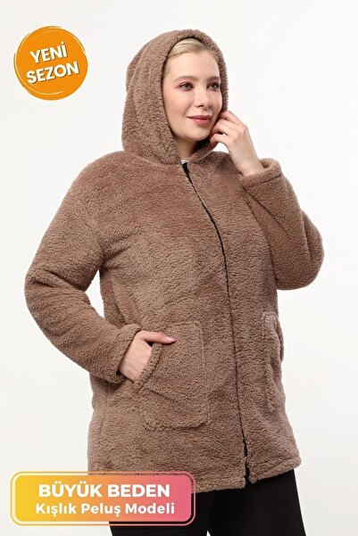 tarzımsüper Hanorac din pluș, tricotat, cu glugă, cu fermoar, cu 2 buzunare, mărime mare