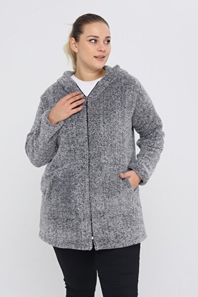 tarzımsüper Large Size Warm Plush Sweat Zippered Hooded 2 Pockets Knitted Plush Fleece Sweatshirt