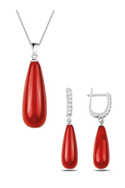mefshop 925Ayar Gümüş Uzun Damla Model Kolye Küpe Mercan Taşlı Set