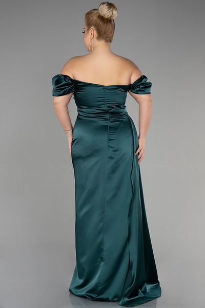 Abiyefon Long Emerald Green Boat Neck Leg Low-cut Satin Plus Size Evening Dress Abu1626